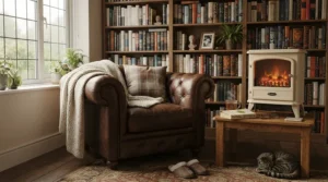 Reader enjoying a book in a cozy corner with the best quiet fan heater running without disturbing noise