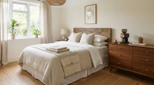 Welcoming guest room prepared with the best quiet fan heater for whisper quiet nighttime warmth