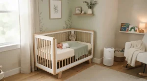 Baby sleeping soundly in a warm nursery next to the best quiet fan heater with whisper quiet operation