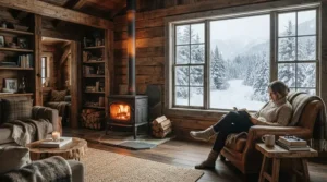 A rustic mountain cabin interior heated efficiently by the best ventless propane heater.