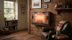An infrared heating panel from the best ventless propane heater radiating gentle warmth in a den.