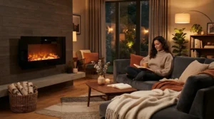 A cozy suburban living room warmed by the best ventless propane heater during a chilly evening.