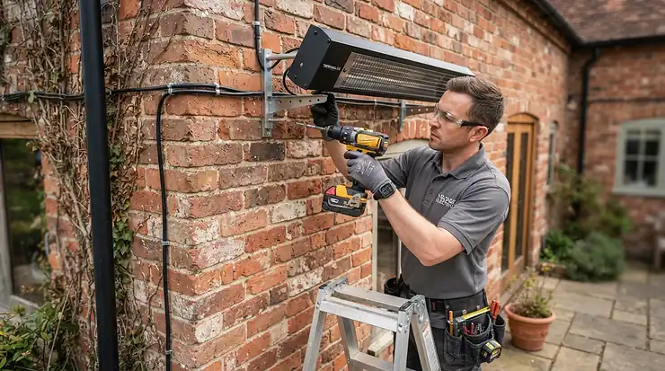 An installation guide graphic featured in a thorough bromic patio heaters review for proper wall mounting.