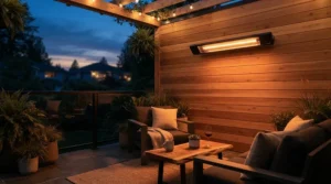 Illustration for a comprehensive bromic patio heaters review showing a modern outdoor patio equipped with a tungsten smart heat unit.