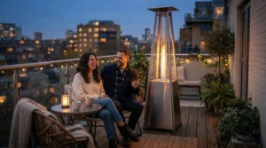 A budget-friendly fire sense patio heater warming guests gathered on a cozy apartment balcony.