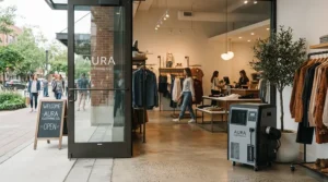 A powerful commercial grade high velocity heater warming up a retail storefront.