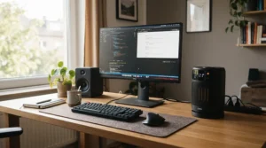 A small electric convection unit operating on a wooden office desk next to a laptop.