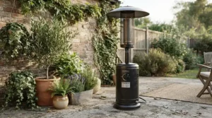 An affordable dyna-glo patio heater providing reliable warmth for a cozy suburban backyard space.