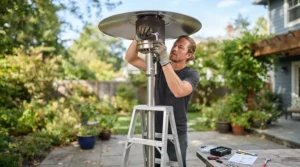 A homeowner working on the dyna-glo patio heater assembly steps in a suburban garage.