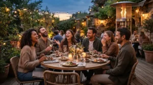 A family enjoying an outdoor dinner party kept cozy by an efficient dyna-glo patio heater.
