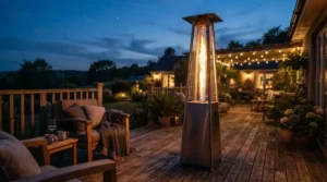 A stylish dyna-glo patio heater keeping a modern suburban backyard deck warm during a cool autumn evening.