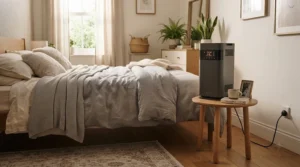 An energy-efficient oscillating appliance warming up a modern master bedroom on a cold morning.