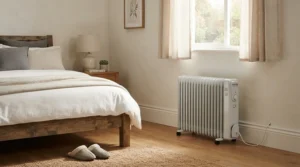 An energy efficient oil filled radiator heater keeping a bedroom warm and comfortable.