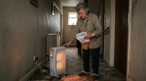 A homeowner checking utility bills near an energy efficient oil heater in the hallway.