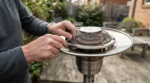 Close-up of replacing fire sense heater parts during routine annual maintenance on the appliance.