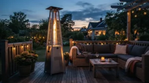 A freestanding fire sense patio heater warming a suburban backyard deck during autumn evening twilight.