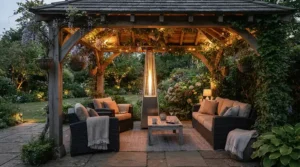 A fire sense patio heater positioned safely inside a backyard gazebo for extended outdoor living.
