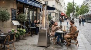 A commercial-style fire sense patio heater keeping outdoor dining patrons warm at a local bistro.