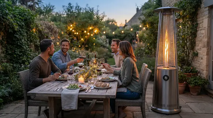 A freestanding fire sense propane patio heater set up for a family dinner on a brick patio.