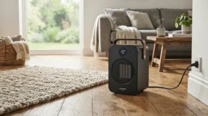 A modern high velocity heater warming up a cozy suburban living room during winter.