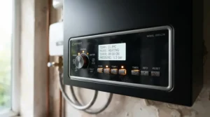 A digital control panel close-up on a modern high velocity heater showing safety settings.
