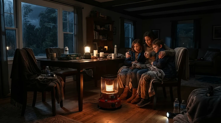 An indoor propane heater utilized during a home emergency winter power outage.