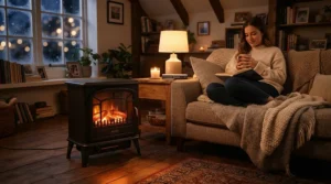 An indoor propane heater warming a cozy living room during a chilly winter evening.
