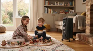 An indoor propane heater safe operation setup in a family room with children playing nearby.