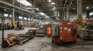 An industrial high velocity heater operating in a large commercial warehouse space.