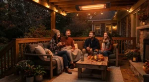 An infratech heater review showing family comfort during a cool autumn evening outdoors.