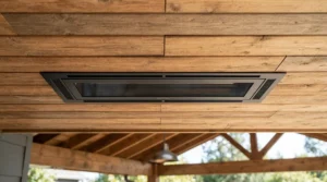 An infratech heater review highlighting a flush-mount patio heater installation in a wooden ceiling.