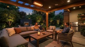 An infratech heater review featuring a modern outdoor patio setup with sleek electric heating.