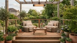 An infratech heater review of a residential backyard deck equipped with electric radiant warmth.