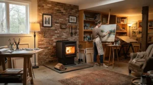 An odor-free propane heater working quietly inside a finished basement studio.