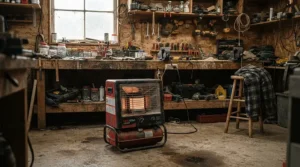 An off-grid heating solution featuring an indoor propane heater in a remote workshop.