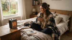 Person relaxing in bed near a safe oscillating best fan heater on a cold night