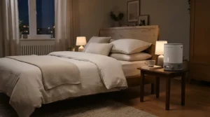 A portable energy efficient oil heater operating quietly in a cozy bedroom