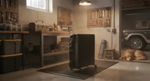 A durable portable oil heater warming up a finished basement or garage workspace.