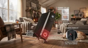 Illustration highlighting safety features like tip-over protection on a portable oil space heater.