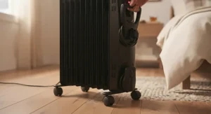 An oil-filled space heater showing rolling wheels and an easy-grip carrying handle for portability.
