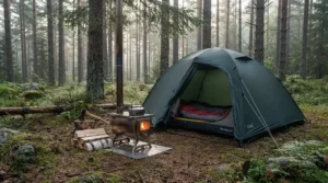 A portable pellet patio heater set up at a modern campsite near a tent in the mountains