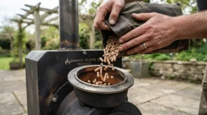 A person pouring wood fuel pellets into the hopper of a portable pellet patio heater outdoors