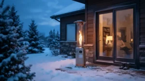 A portable pellet patio heater casting a warm glow in a snowy backyard during a winter evening