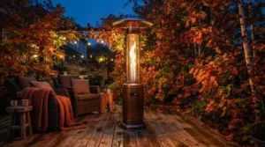 A portable pellet patio heater providing warmth on a suburban backyard wooden deck during autumn evening