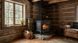 A propane heater for indoor use keeping a rustic wooden cabin comfortable.