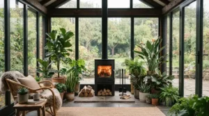 A propane heater indoor use approved model providing warmth in a sunroom.