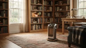 A whisper-quiet electric thermal unit working quietly on the floor of a home study.