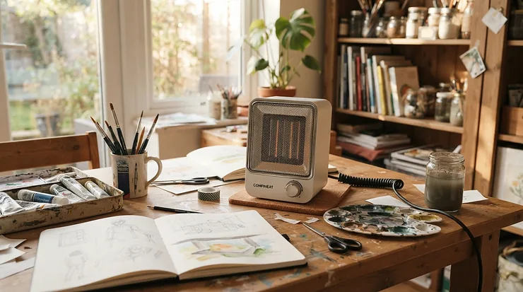 Quiet operation best fan heater sitting on a creative studio workspace table
