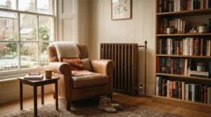 A quiet energy efficient oil heater warming a quiet reading corner with a bookshelf.