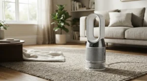 A safety-certified ceramic device operating securely in a family room with warm ambient lighting.
